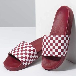 vans checkerboard slides red